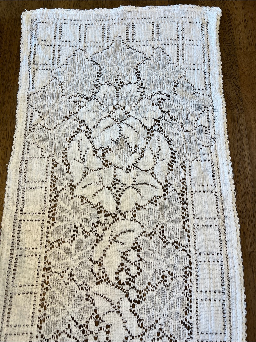 Vintage White Floral Lace Table Runner Openwork Crochet